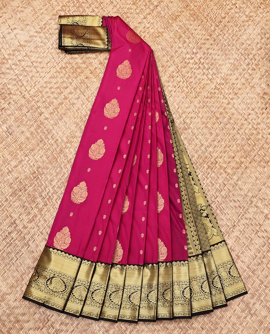 Pink Budget Silk Saree, Graced with Zari Buttas, Complemented by a Contrast Traditional Zari Border, Grand Pallu, and a Contrast Blouse