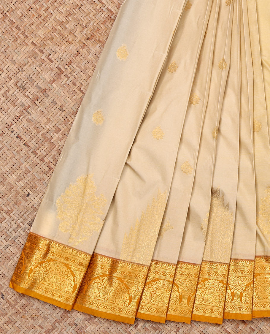 Sandal Budget Silk Saree, Sparsely Sparkled with Zari Buttas, a Contrast Traditional Zari Checked Border, Grand Pallu, and a Contrast Blouse