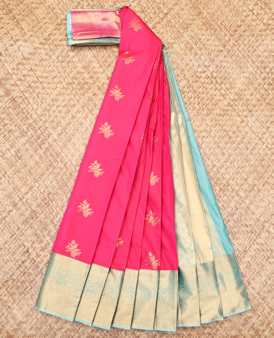 Pink Budget Silk Saree, Adorned with Zari Buttas, Complemented by a Contrast Traditional Zari Border, Grand Pallu, and a Contrast Blouse