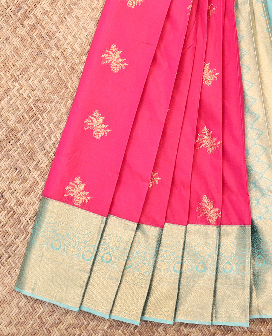Pink Budget Silk Saree, Adorned with Zari Buttas, Complemented by a Contrast Traditional Zari Border, Grand Pallu, and a Contrast Blouse