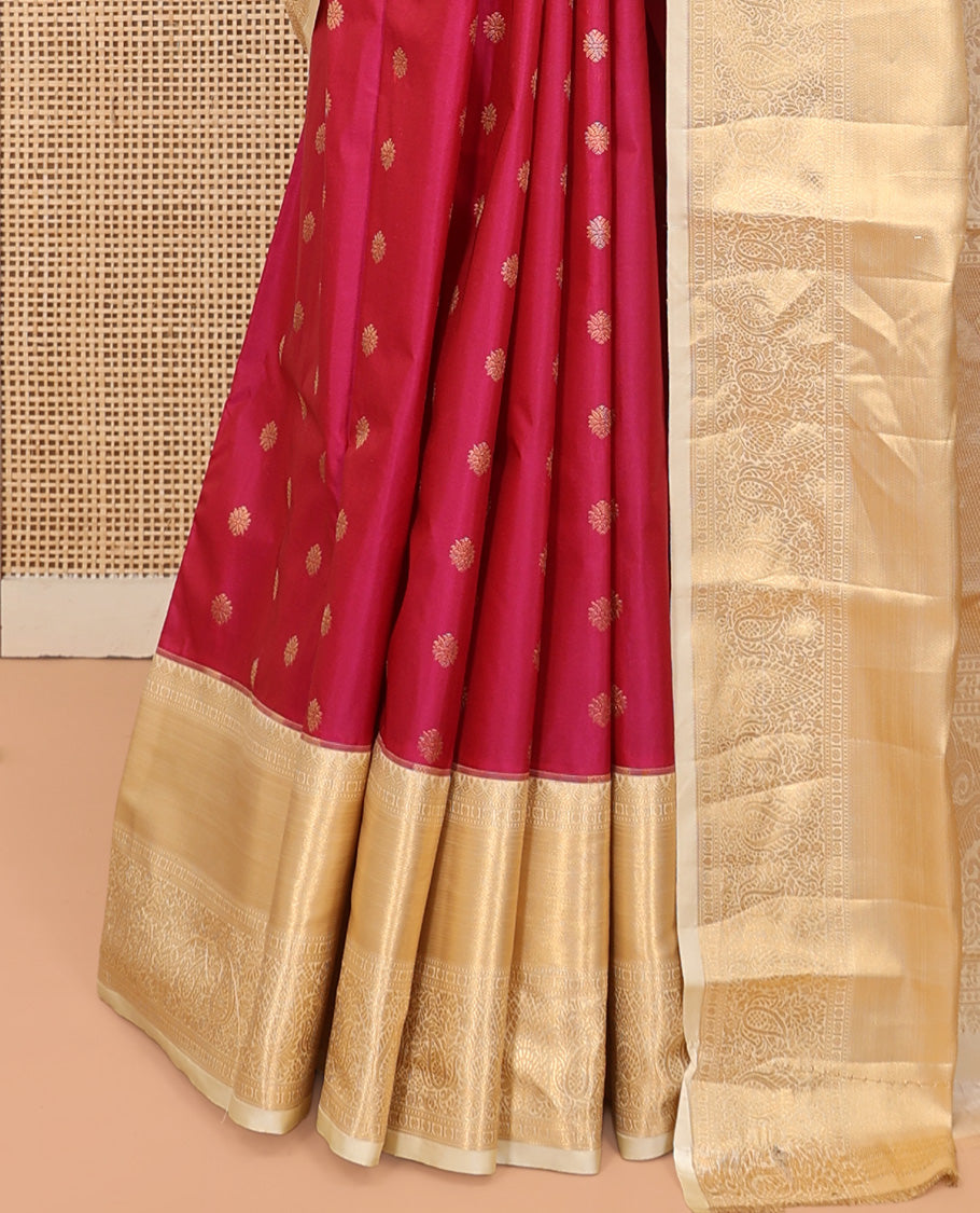 Red Budget Silk Saree, Accentuated with Zari Buttas, Complemented by a Contrast Traditional Zari Border, Grand Pallu, and Contrast Blouse