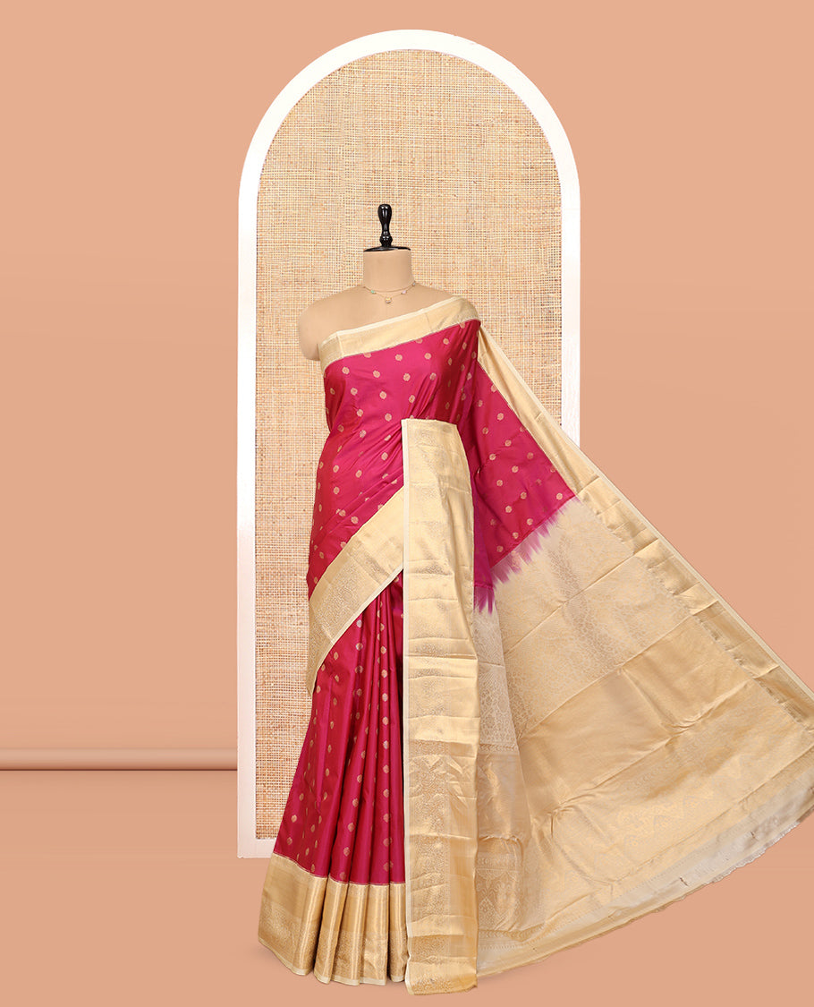 Red Budget Silk Saree, Accentuated with Zari Buttas, Complemented by a Contrast Traditional Zari Border, Grand Pallu, and Contrast Blouse