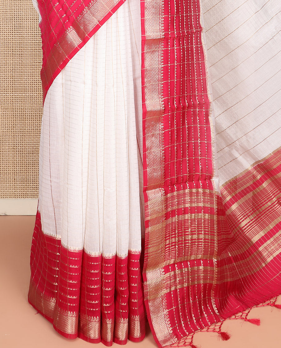 White Assam Silk Saree Richly Detailed with Zari Checks on Its Body, Complemented by a Contrast Border of Traditional Zari Designs, a Gleaming Pallu of Zari Stripes, and Paired with a Contrast Blouse