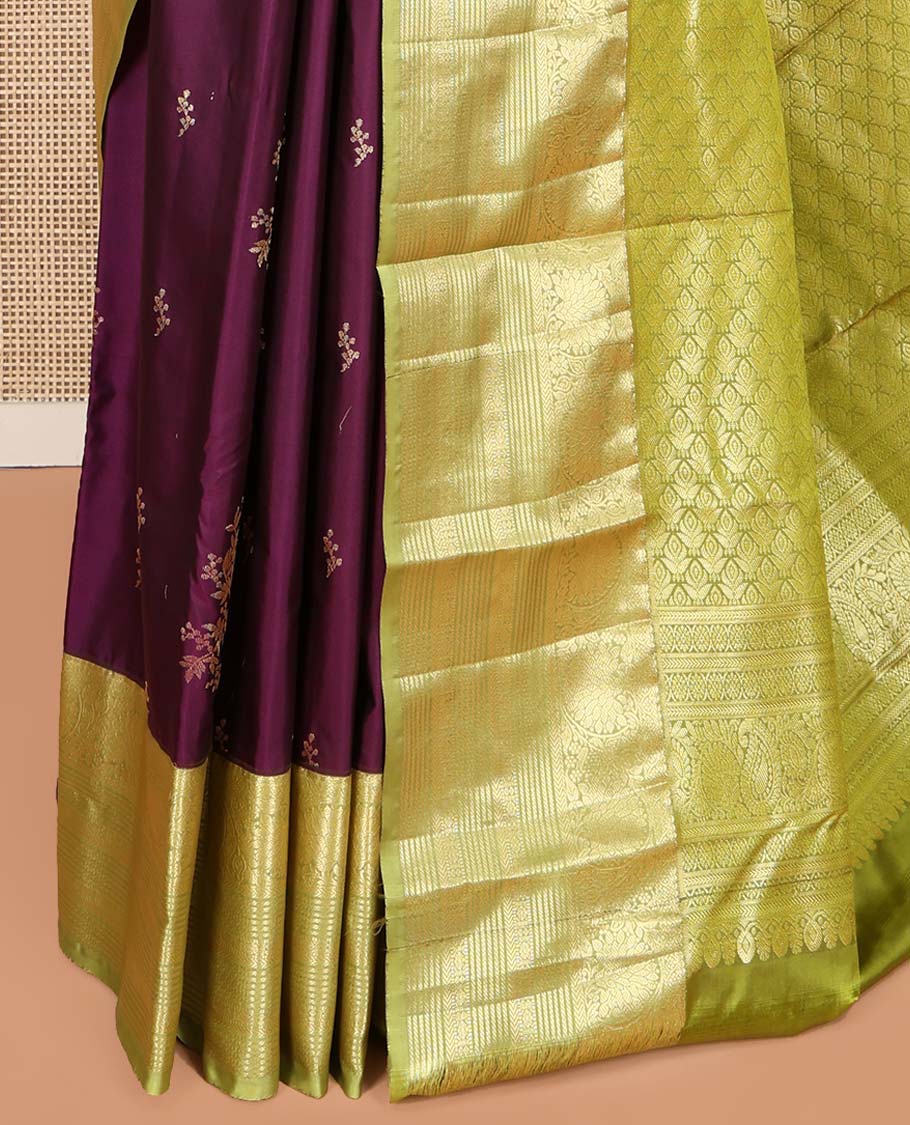 Purple Budget Silk Saree, Enriched with Floral Zari Buttas All Over Its Body, Complemented by a Contrast Traditional Zari Border of Floral Creeper Designs, Grandly Woven Pallu of Jaal Designs, and Paired with a Contrast Blouse