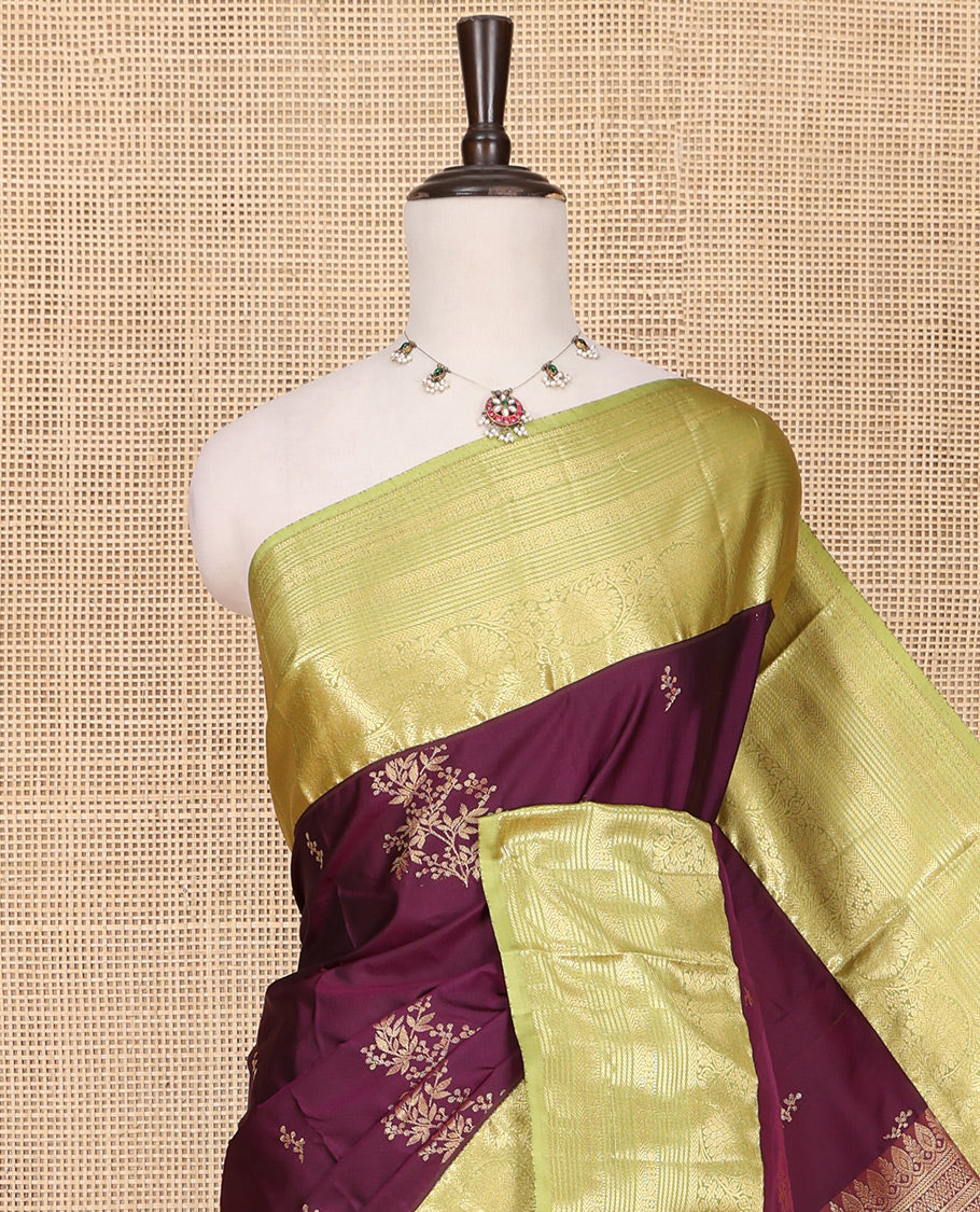 Purple Budget Silk Saree, Enriched with Floral Zari Buttas All Over Its Body, Complemented by a Contrast Traditional Zari Border of Floral Creeper Designs, Grandly Woven Pallu of Jaal Designs, and Paired with a Contrast Blouse