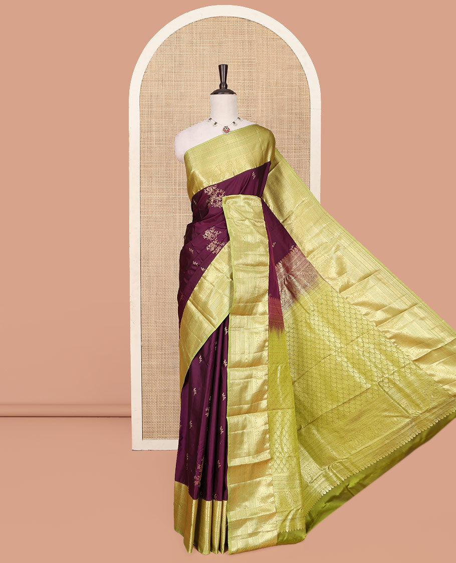 Purple Budget Silk Saree, Enriched with Floral Zari Buttas All Over Its Body, Complemented by a Contrast Traditional Zari Border of Floral Creeper Designs, Grandly Woven Pallu of Jaal Designs, and Paired with a Contrast Blouse