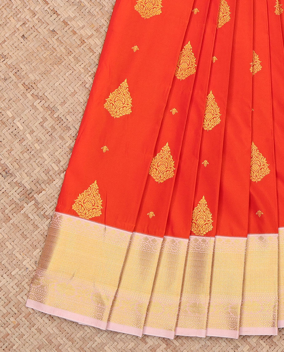 Orange Budget Silk Saree, Mesmerized with Zari Buttas All Across Its Body, Complemented by a Captivating Contrast Traditional Zari Design Border, Pallu of Intricate Designs, and Paired with a Contrast Blouse