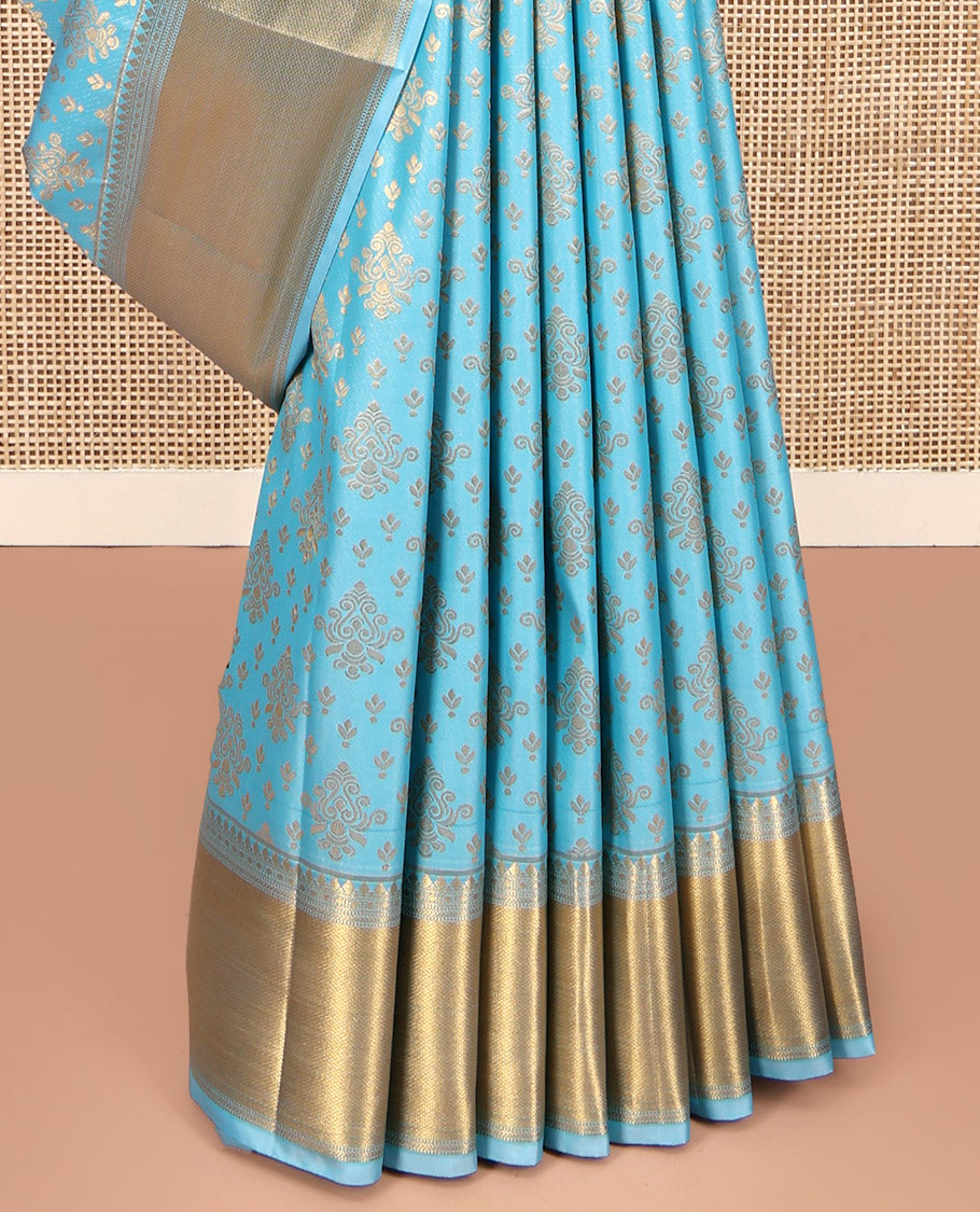 Sky Blue Budget Silk Saree, Enriched with Zari Buttas All Over Its Body, Highlighted by Traditional Zari Designs Woven Border, Grand Pallu, Paired with a Matching Blouse - Inspired by Trisha Blue Saree