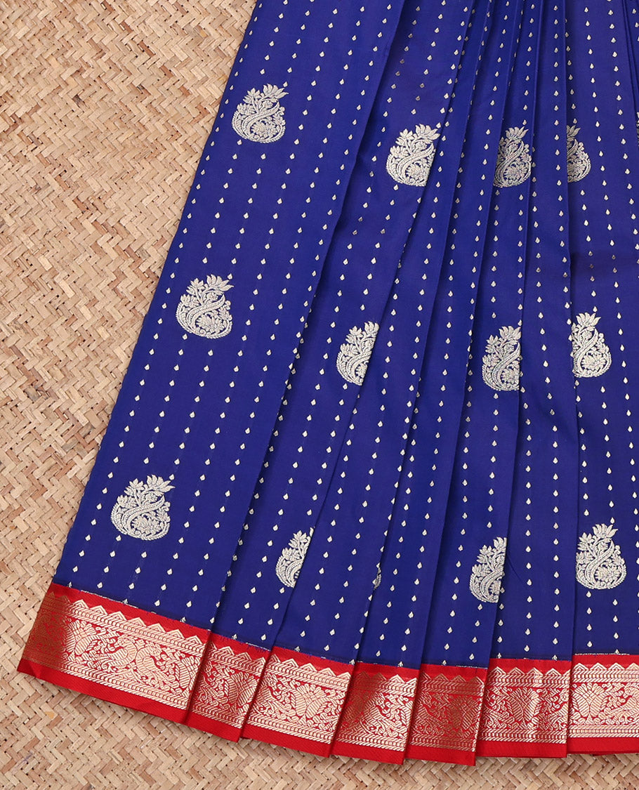 Royal Blue Budget Silk Saree, Woven with Zari Buttas All Over Its Body, Complemented by a Contrast Traditional Zari Design Border, Grand Geometric-Patterned Pallu, and Paired with a Contrast Blouse
