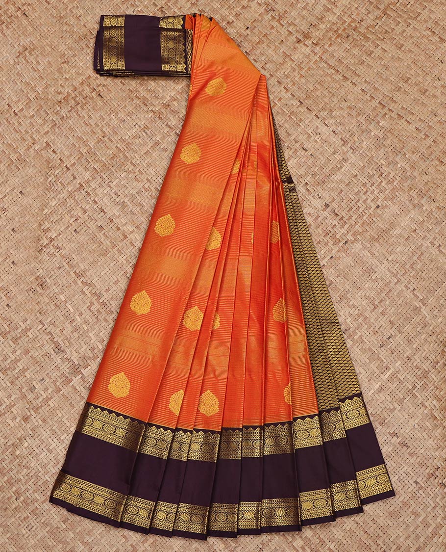 Orange Budget Silk Saree, Adorned with Zari Buttas and Stripes on Its Body, Complemented by Contrast Traditional Zari Design Rettai Pettu Border, Grand Jaal Pallu, and Paired with a Contrast Blouse