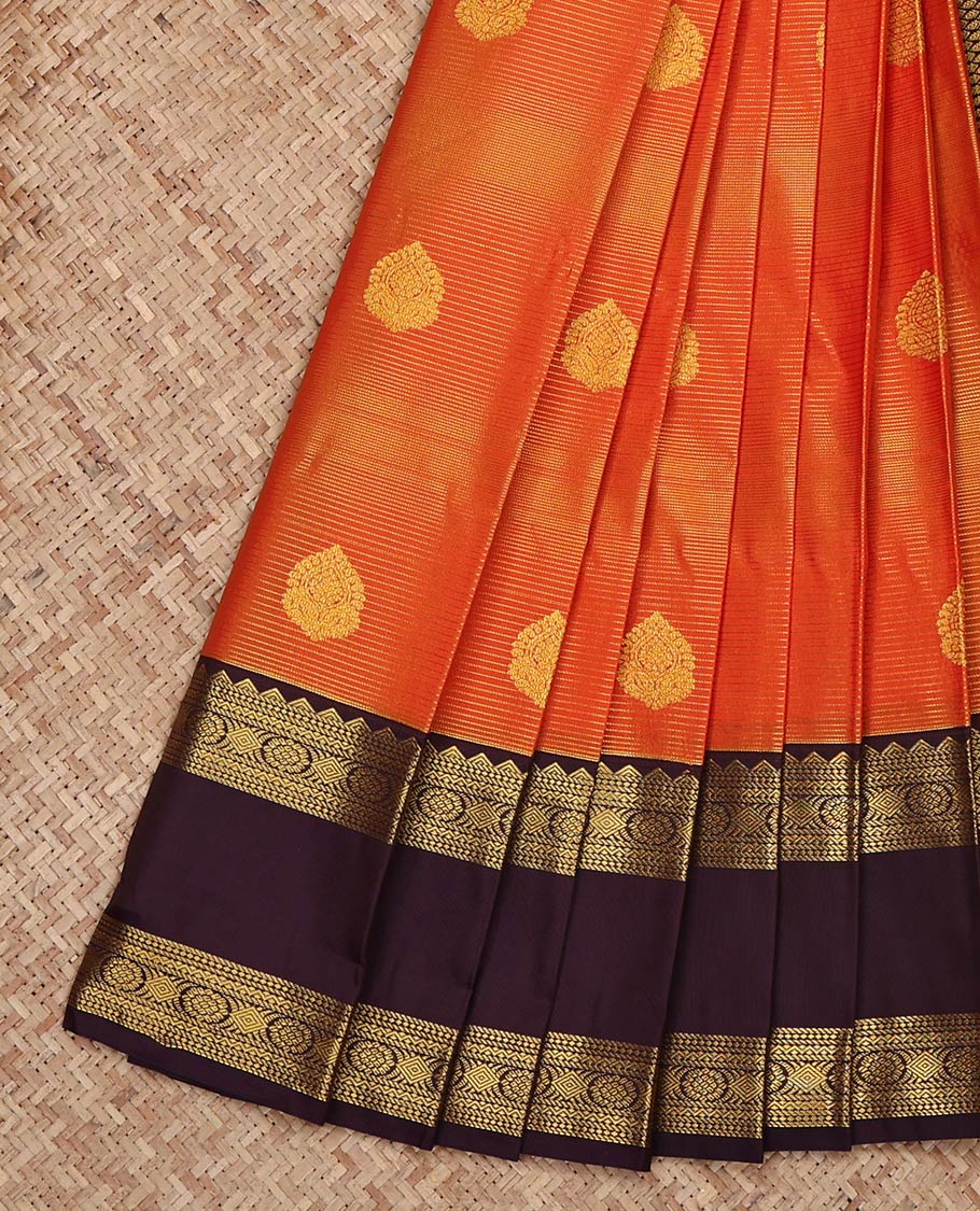 Orange Budget Silk Saree, Adorned with Zari Buttas and Stripes on Its Body, Complemented by Contrast Traditional Zari Design Rettai Pettu Border, Grand Jaal Pallu, and Paired with a Contrast Blouse
