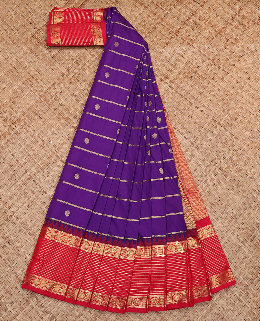 Violet Budget Silk Saree, Elevated with Zari Buttas and Stripes, Complemented by Contrast Traditional Zari Border, Grand Pallu and a Contrast Blouse