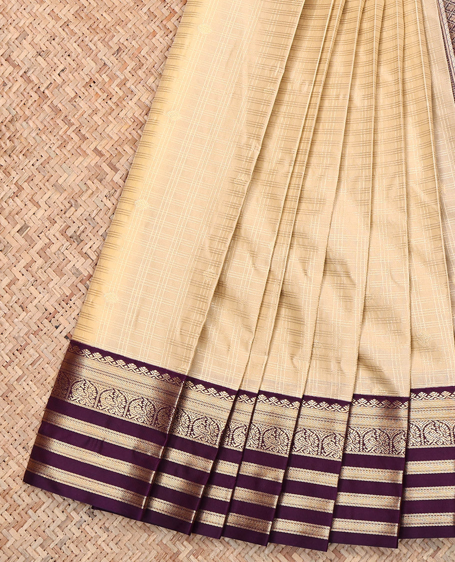 Sandal Budget Silk Saree, Sparsely Woven with Zari Checks, Complemented by Contrast Traditional Zari Border, Grand Jaal Pallu, and a Contrast Blouse