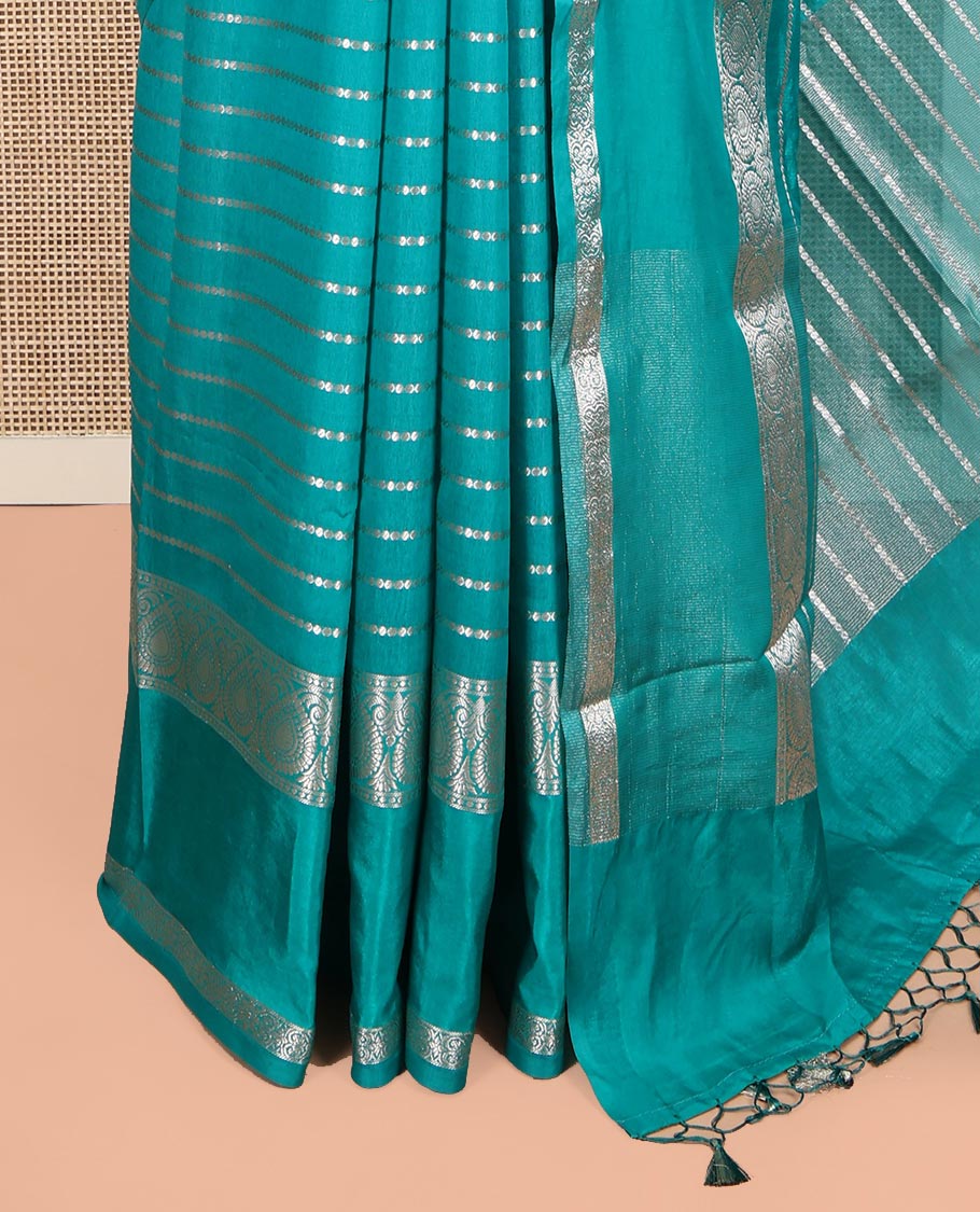 Green Assam Silk Saree, Opulently Embellished with Zari Stripes, Highlighted by a Traditional Zari Border, Zari Design Pallu, and a Matching Blouse