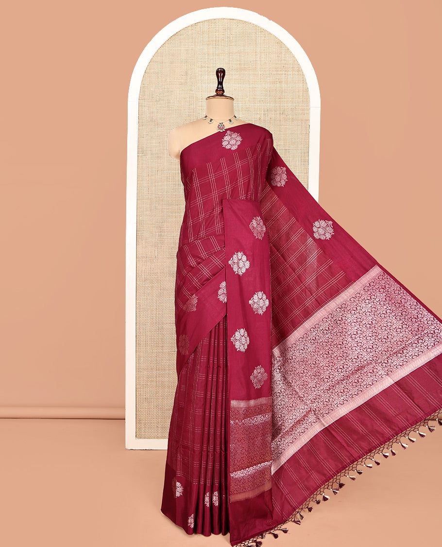 Maroon Assam Silk Saree, Finely Crafted with Zari Checks, a Floral-Motif Zari Border, a Pallu of Intricate Zari Designs, and a Jacquard Blouse