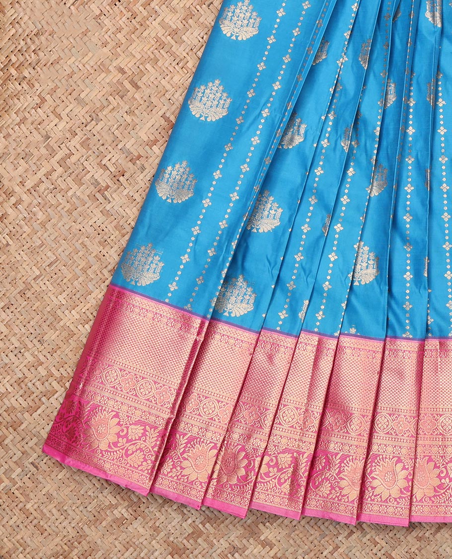 Blue Budget Silk Saree Features Zari Buttas and Stripes, Complemented by Contrast Traditional Zari Border, Grand Pallu and a Contrast Blouse