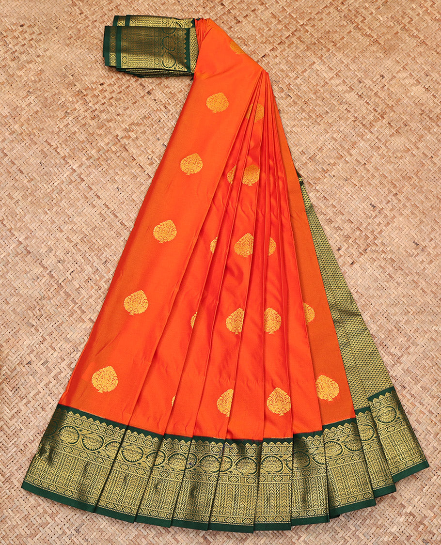Orange Budget Silk Saree, Delicately Woven with Zari Buttas, Complemented by Contrast Traditional Zari Border, Grand Pallu, and a Contrast Blouse