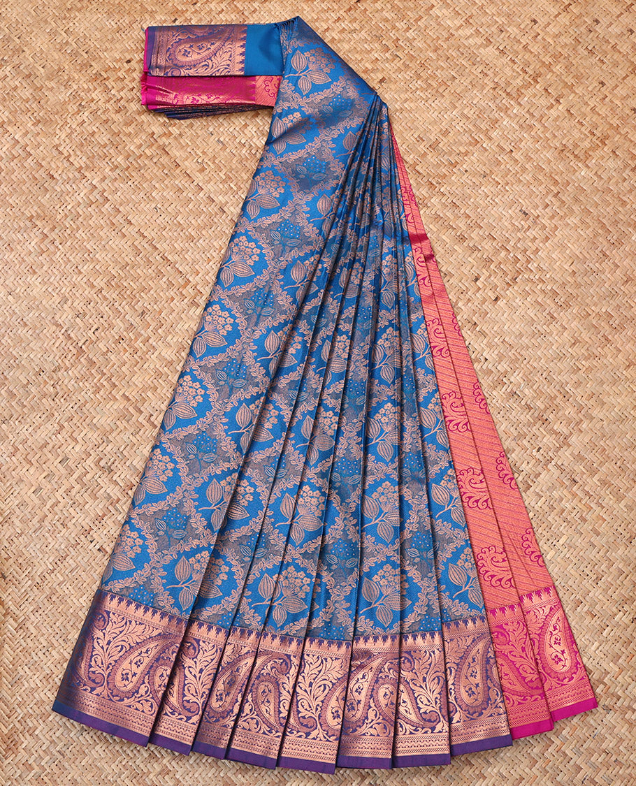 Blue Budget Silk Saree, Adorned with Jacquard Weave, Complemented by Contrast Paisley Border, Grand Paisleys Woven Pallu and Contrast Blouse