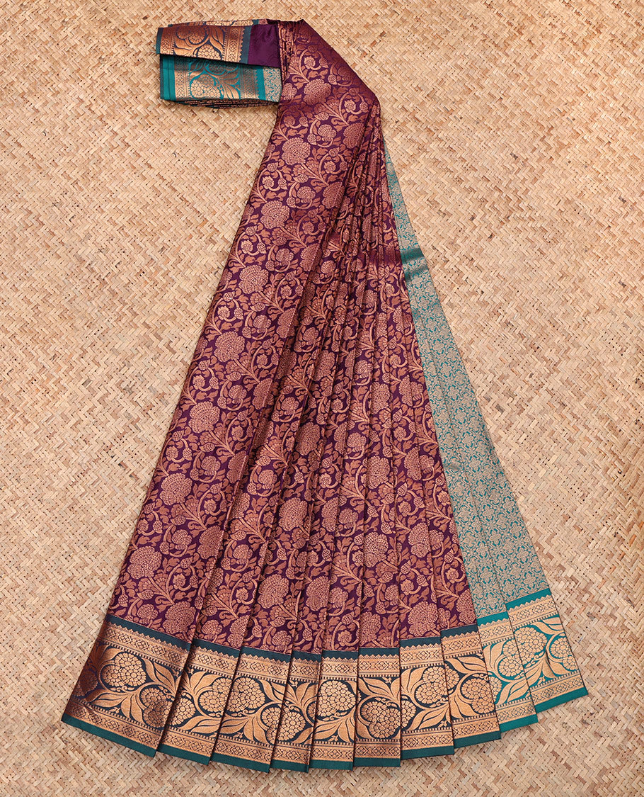 Wine Budget Silk Saree, Decked Up with Jacquard, Complemented by Contrast Floral Creeper Zari Border, Intricate Pallu, and a Contrast Blouse