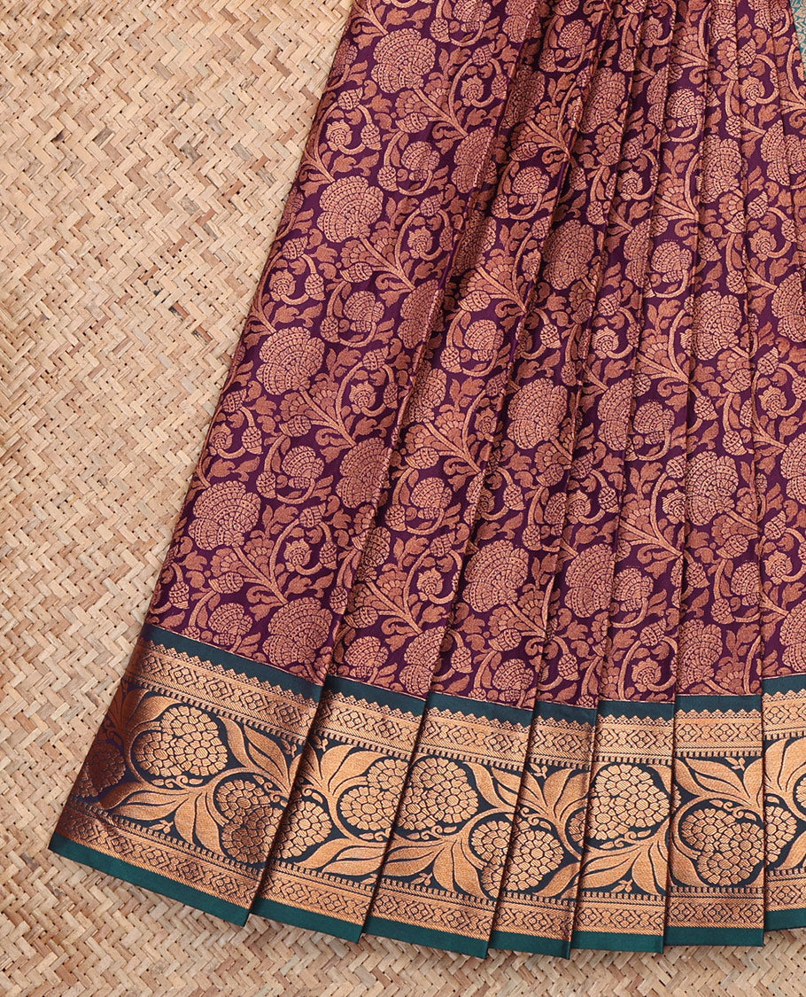 Wine Budget Silk Saree, Decked Up with Jacquard, Complemented by Contrast Floral Creeper Zari Border, Intricate Pallu, and a Contrast Blouse