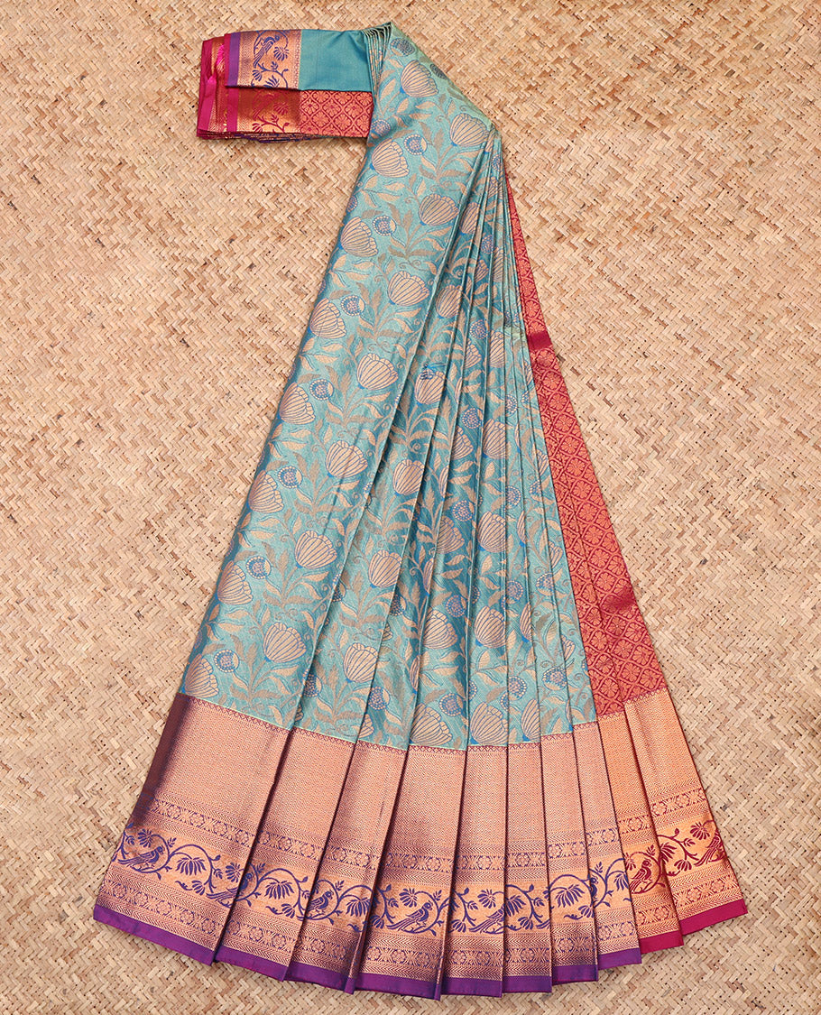 Blue Budget Silk Saree, Enthralled with Jacquard, Complemented by a Contrast Traditional Zari Border, Grand Pallu, and a Contrast Blouse