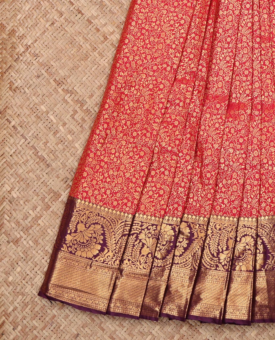Red Budget Silk Saree, Embellished with Jacquard, Complemented by a Contrast Traditional Zari Border, Grand Pallu, and a Contrast Blouse
