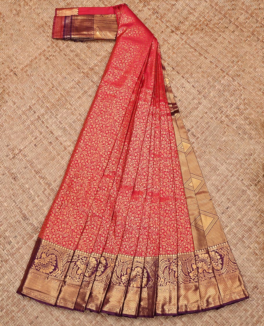 Red Budget Silk Saree, Embellished with Jacquard, Complemented by a Contrast Traditional Zari Border, Grand Pallu, and a Contrast Blouse