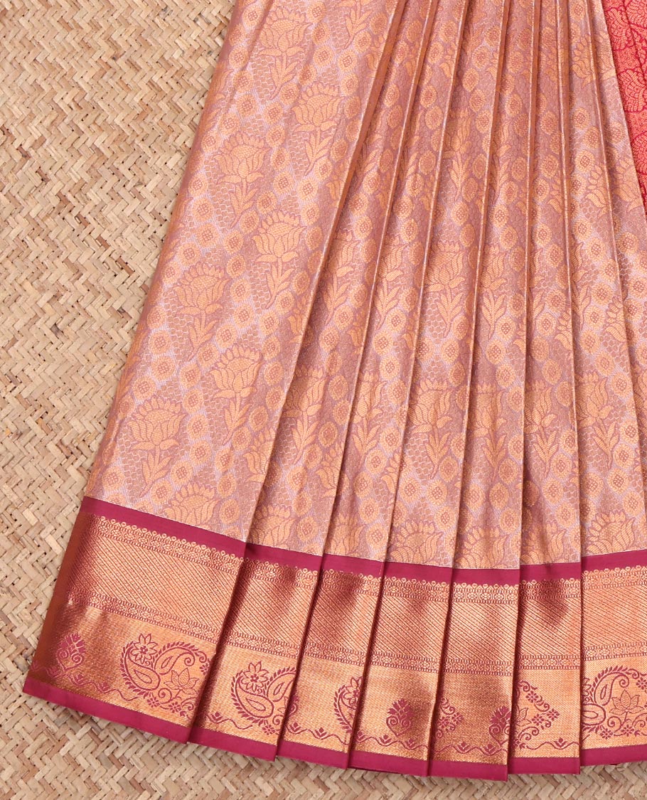 Peach Budget Silk Saree, Accentuated with Jacquard, Complemented by a Contrast Paisley Zari Border, Grand Pallu, and a Contrast Blouse
