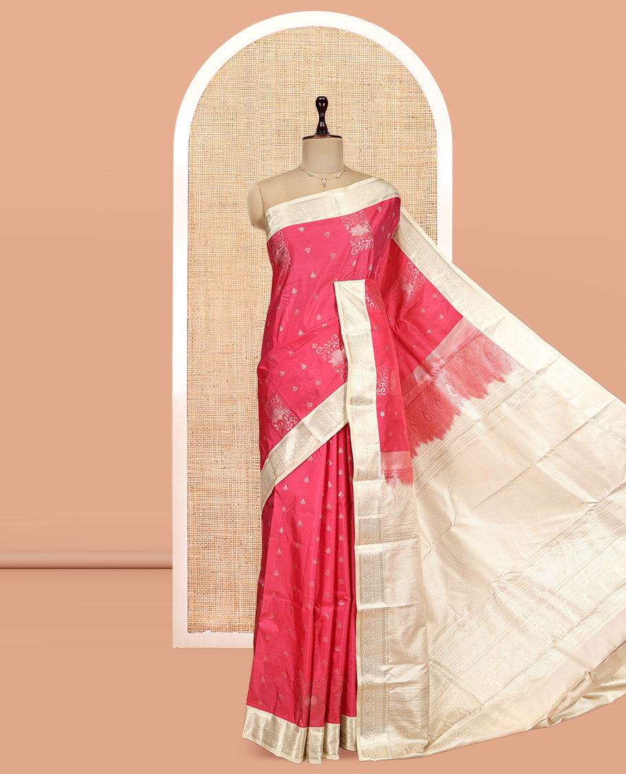 Light Red Budget Silk Saree, Bedecked with Zari Designs, Complemented by a Contrast Traditional Zari Border, Sparsely Threaded Pallu, and a Contrast Blouse