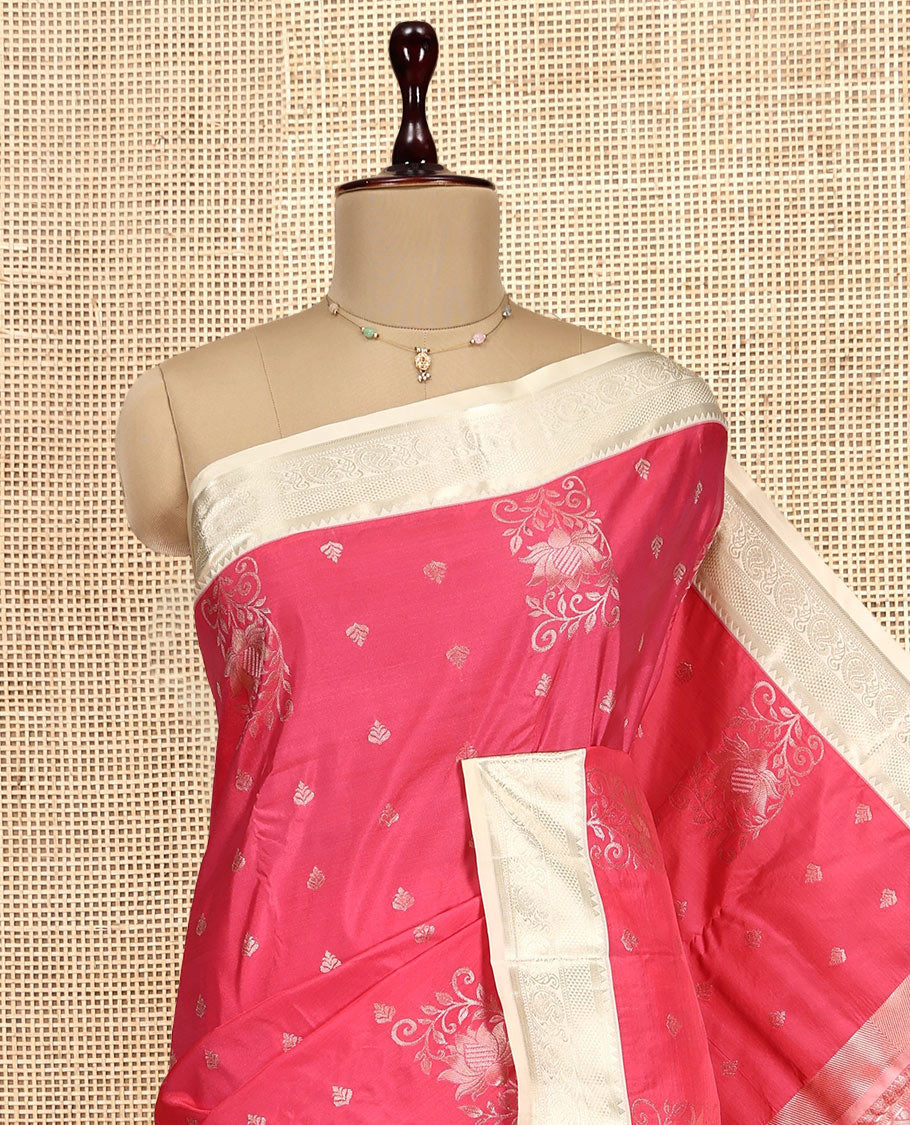 Light Red Budget Silk Saree, Bedecked with Zari Designs, Complemented by a Contrast Traditional Zari Border, Sparsely Threaded Pallu, and a Contrast Blouse