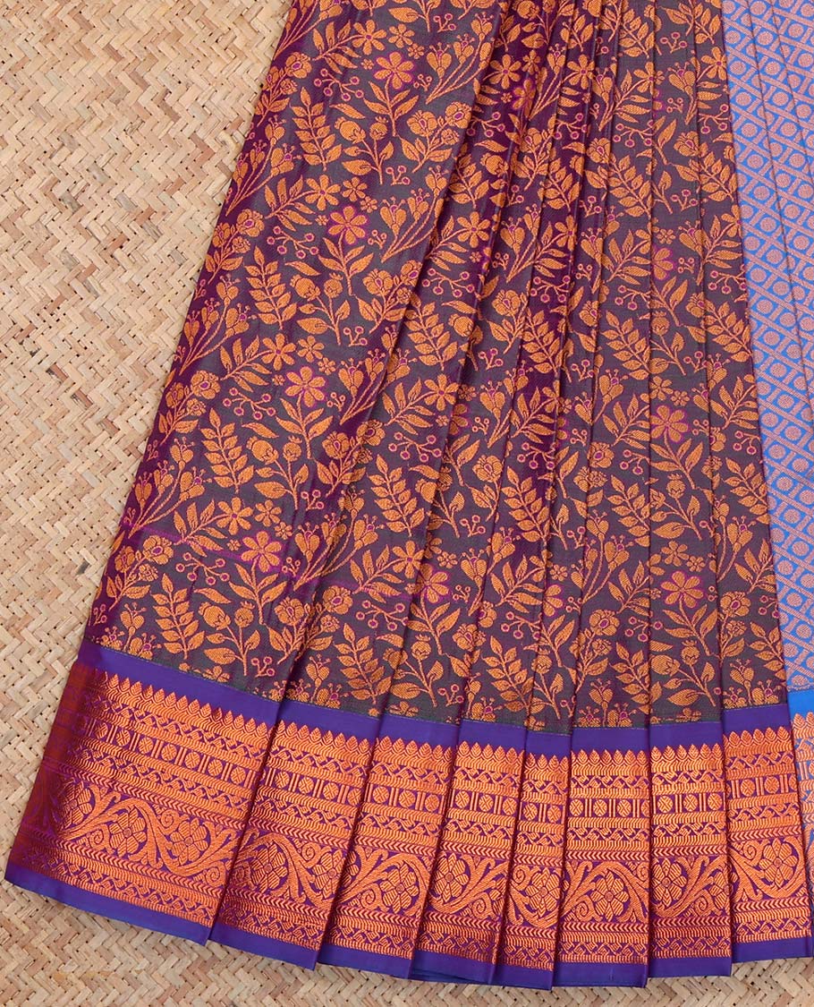 Purple Budget Silk Saree, Elevated with Floral Vine Design, Complemented by Contrast Traditional Floral Creeper Zari Border, a Jaal Pallu and a Contrast Blouse