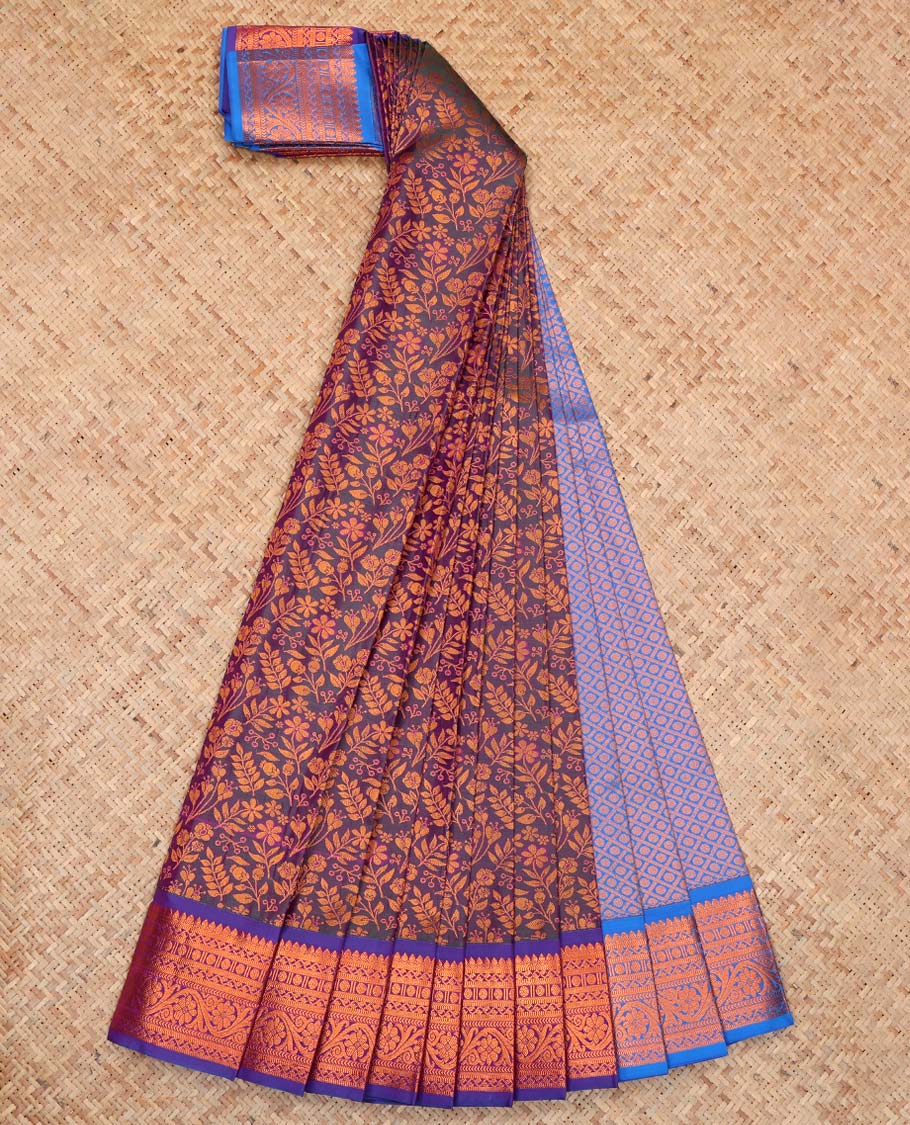 Purple Budget Silk Saree, Elevated with Floral Vine Design, Complemented by Contrast Traditional Floral Creeper Zari Border, a Jaal Pallu and a Contrast Blouse