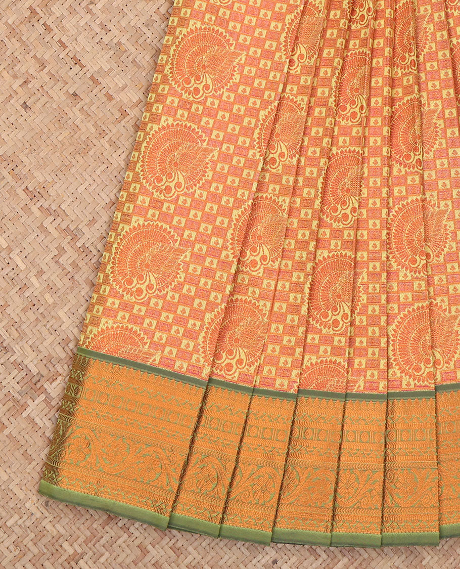 Light Orange Budget Silk Saree, Elevated with Jacquard Design, a Contrast Traditional Zari Border, Grand Pallu, and a Contrast Blouse