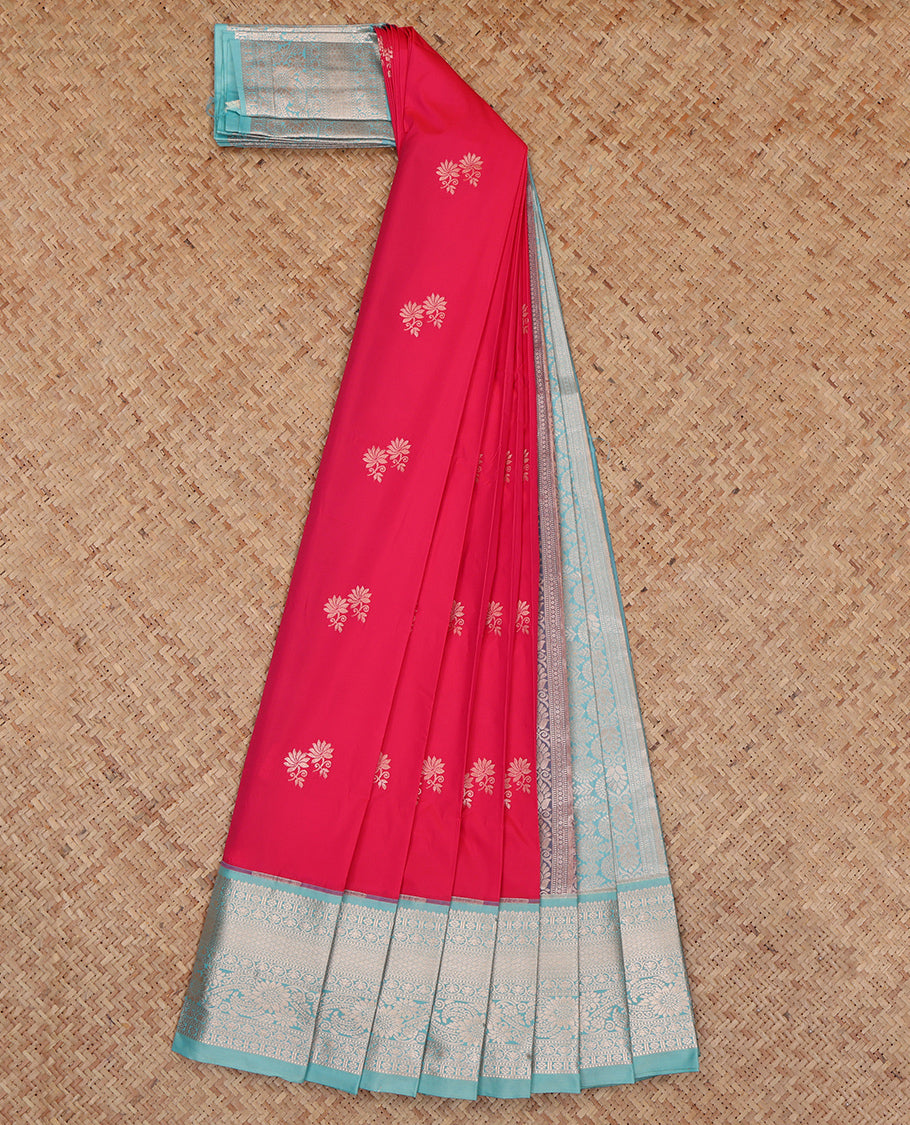 Red Budget Silk Saree, Accentuated with Floral Buttas, Complemented by a Contrast Traditional Zari Border, Intricate Pallu, and a Contrast Blouse