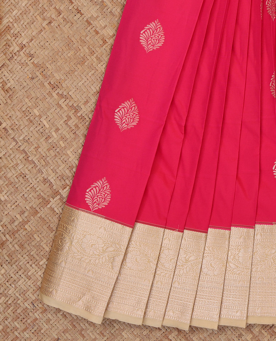 Red Budget Silk Saree, Graced with Zari Buttas and Stripes, a Contrast Zari Border, Grand Pallu, and a Contrast Blouse