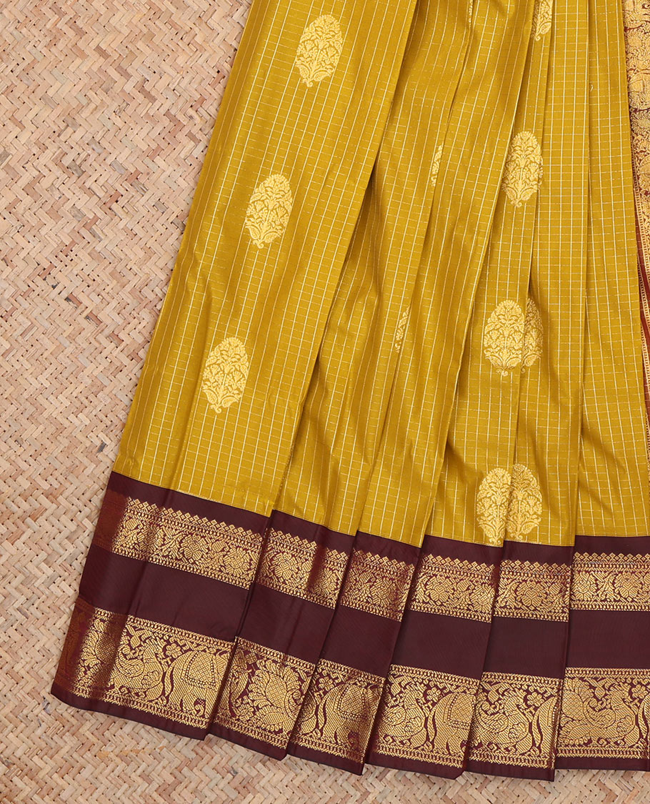 Mustard Budget Silk Saree, Elevated with Zari Buttas and Checks, Complemented by Contrast Traditional Rettai Pettu Border, a Jaal Pallu and a Contrast Blouse