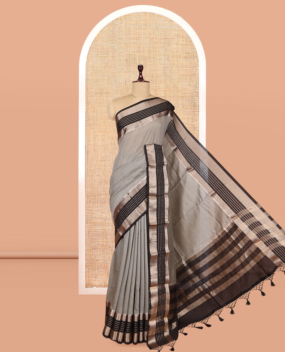 Grey Plain Assam Silk Saree, Complemented by Contrast Zari Traditional Border, Zari Striped Pallu, and Contrast Blouse