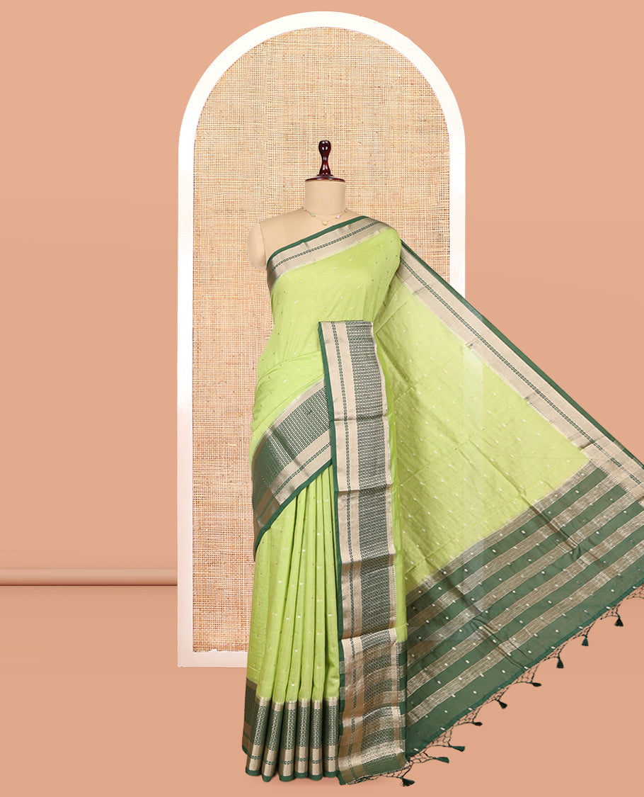 Green Assam Silk Saree, Graced with Zari Buttas, Complemented by Contrast Traditional Zari Border, Zari Woven Pallu, and Contrast Blouse