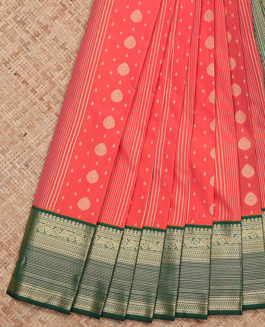 Peach Budget Silk Saree,Elevated with Zari Buttas and Stripes, Complemented by a Contrast Traditional Zari Border, Grand Pallu, and Contrast Blouse