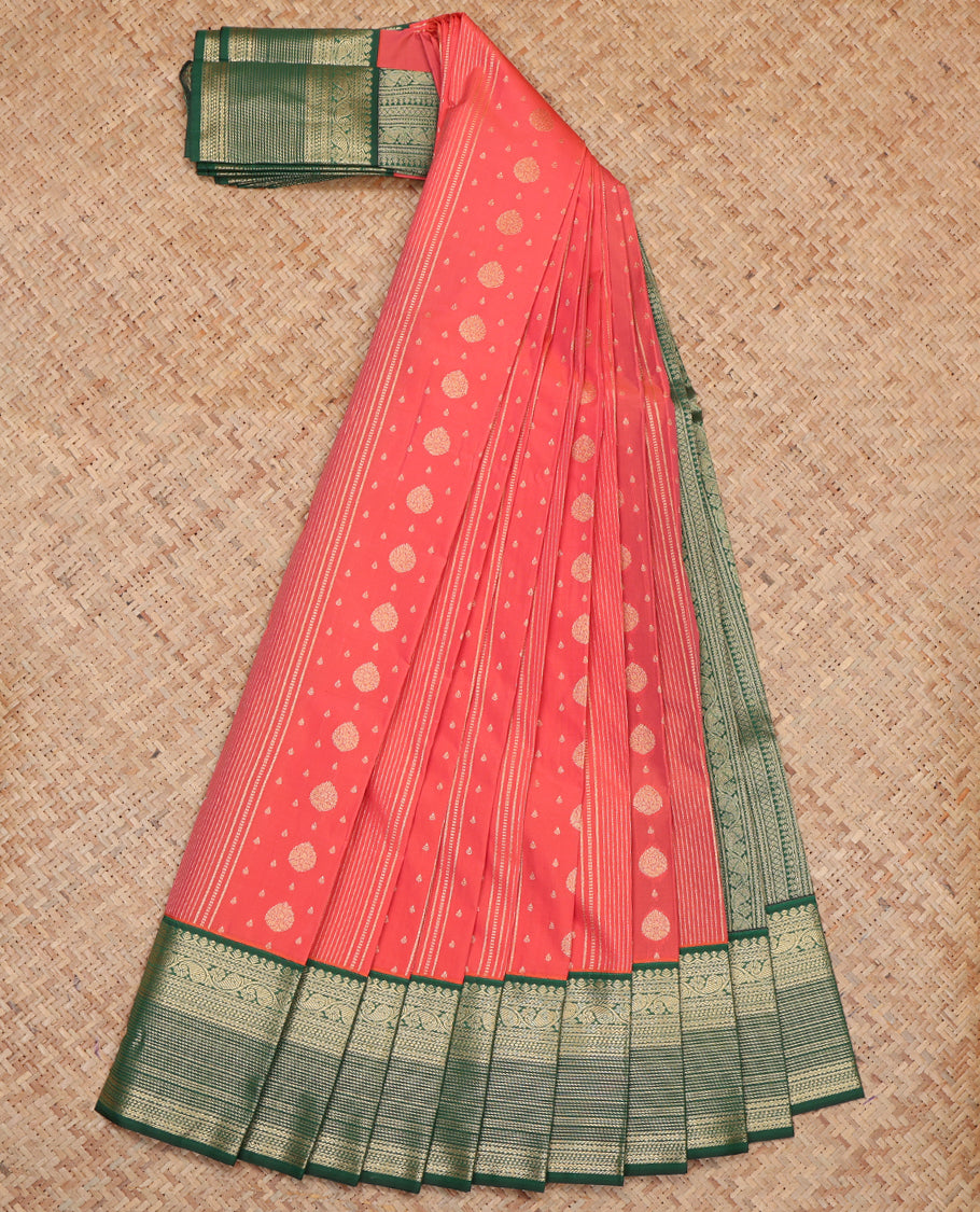 Peach Budget Silk Saree,Elevated with Zari Buttas and Stripes, Complemented by a Contrast Traditional Zari Border, Grand Pallu, and Contrast Blouse