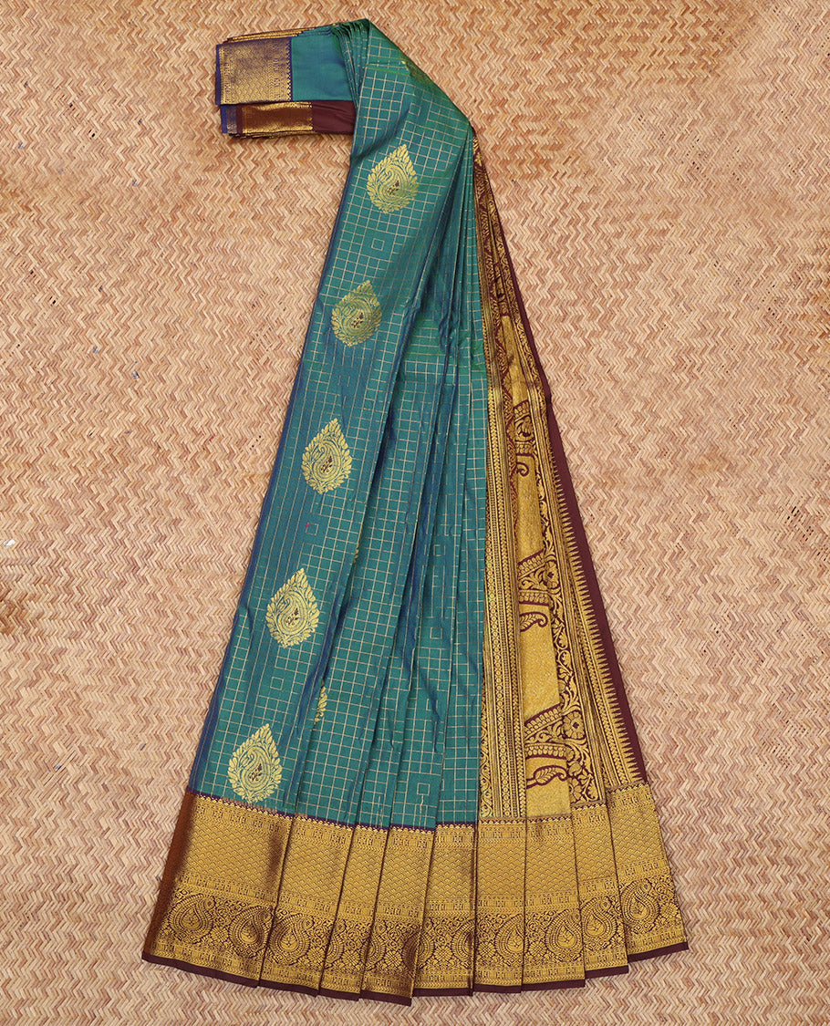 Peacock Blue Budget Silk Saree, Elevated with Zari Buttas and Checks, Complemented by a Contrast Traditional Zari Border, Grand Pallu, and Contrast Blouse
