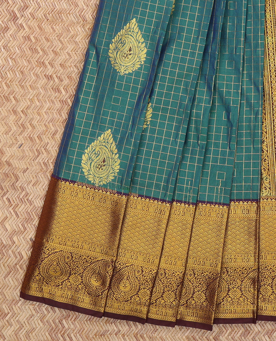 Peacock Blue Budget Silk Saree, Elevated with Zari Buttas and Checks, Complemented by a Contrast Traditional Zari Border, Grand Pallu, and Contrast Blouse