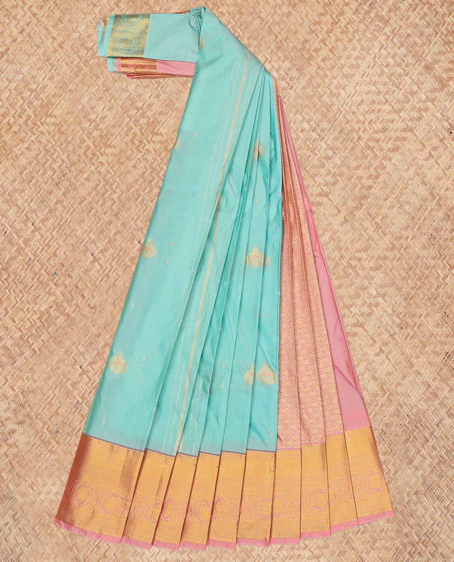 Blue Budget Silk Saree, Accentuated with Zari Buttas and Stripes, a Contrast Traditional Zari Border, Grand Pallu, and a Contrast Blouse