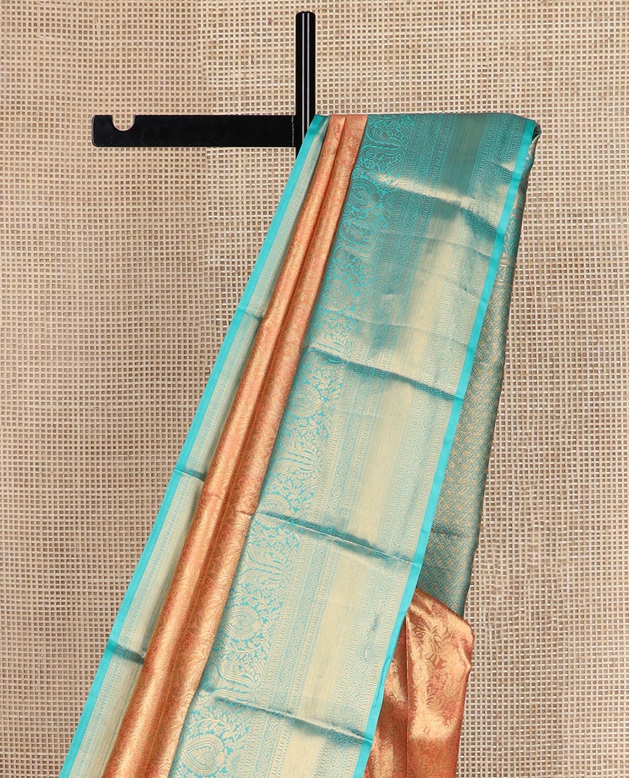 Orange zari jacquard budget silk saree, contrast traditional zari design border, and intricate pallu
