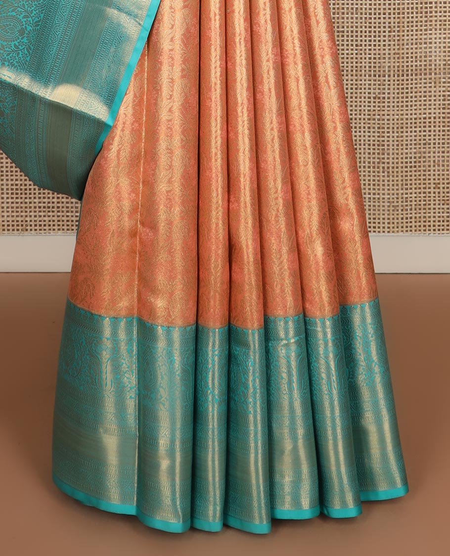 Orange zari jacquard budget silk saree, contrast traditional zari design border, and intricate pallu