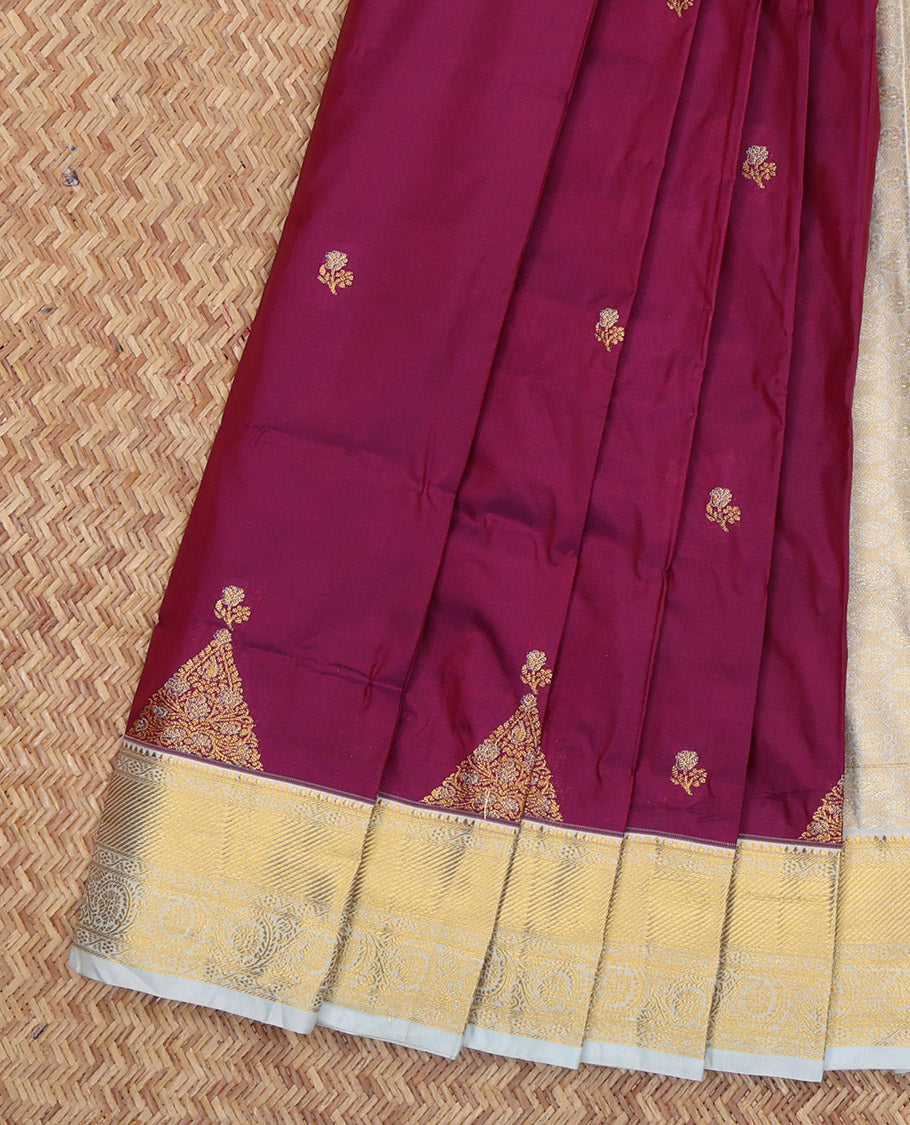 Wine Budget Silk Saree, Accentuated with Zari Buttas, a Contrast Traditional Zari Border, Grand Pallu, and a Contrast Blouse