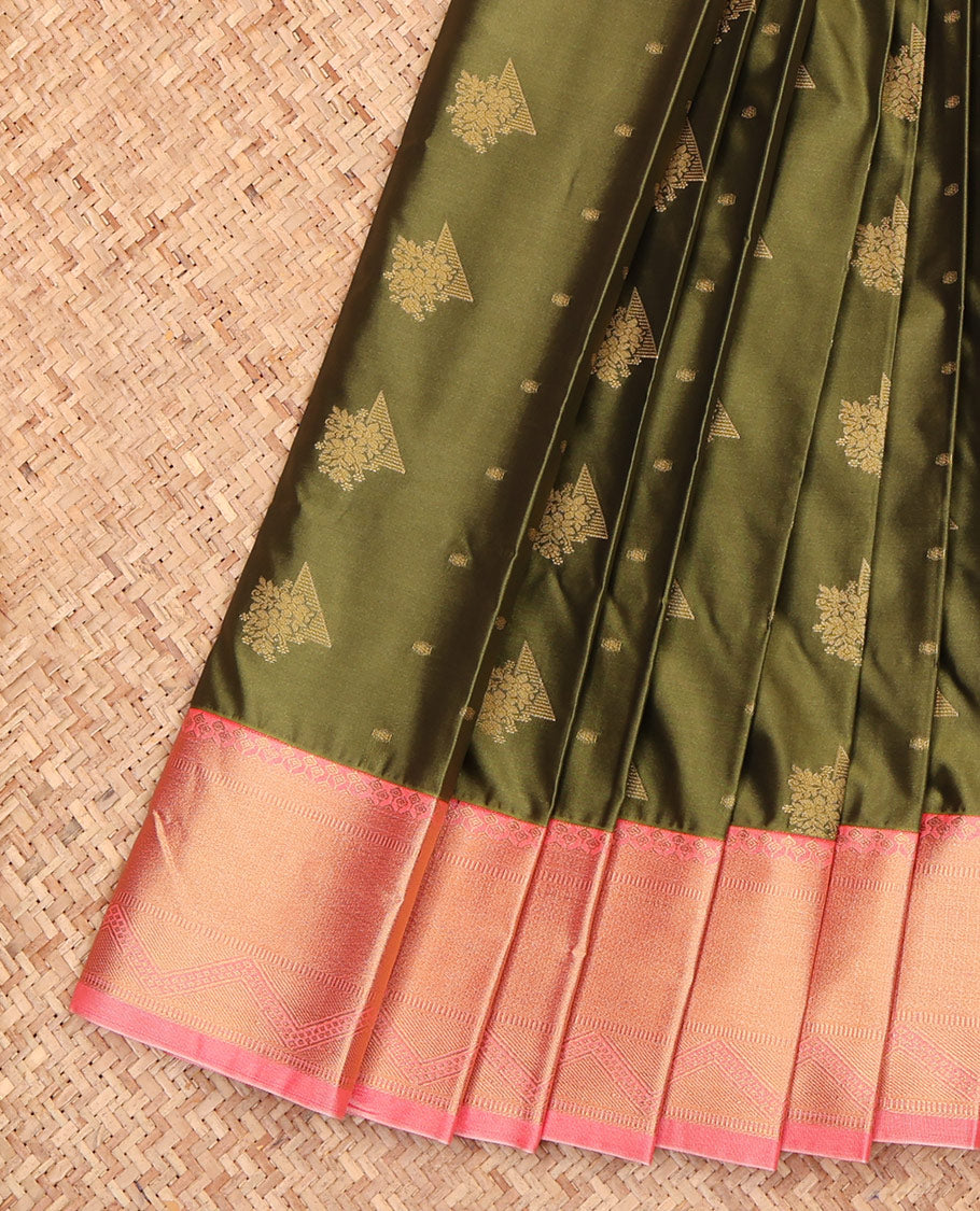 Green Budget Silk Saree, Elevated with Zari Buttas, a Contrast Traditional Zari Border, Grand Pallu, and a Contrast Blouse