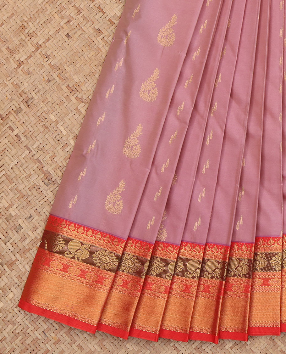 Rosewood Pink Budget Silk Saree, Sparsely Woven with Zari Buttas, a Contrast Traditional Zari Border, Intricate Pallu, and a Contrast Blouse