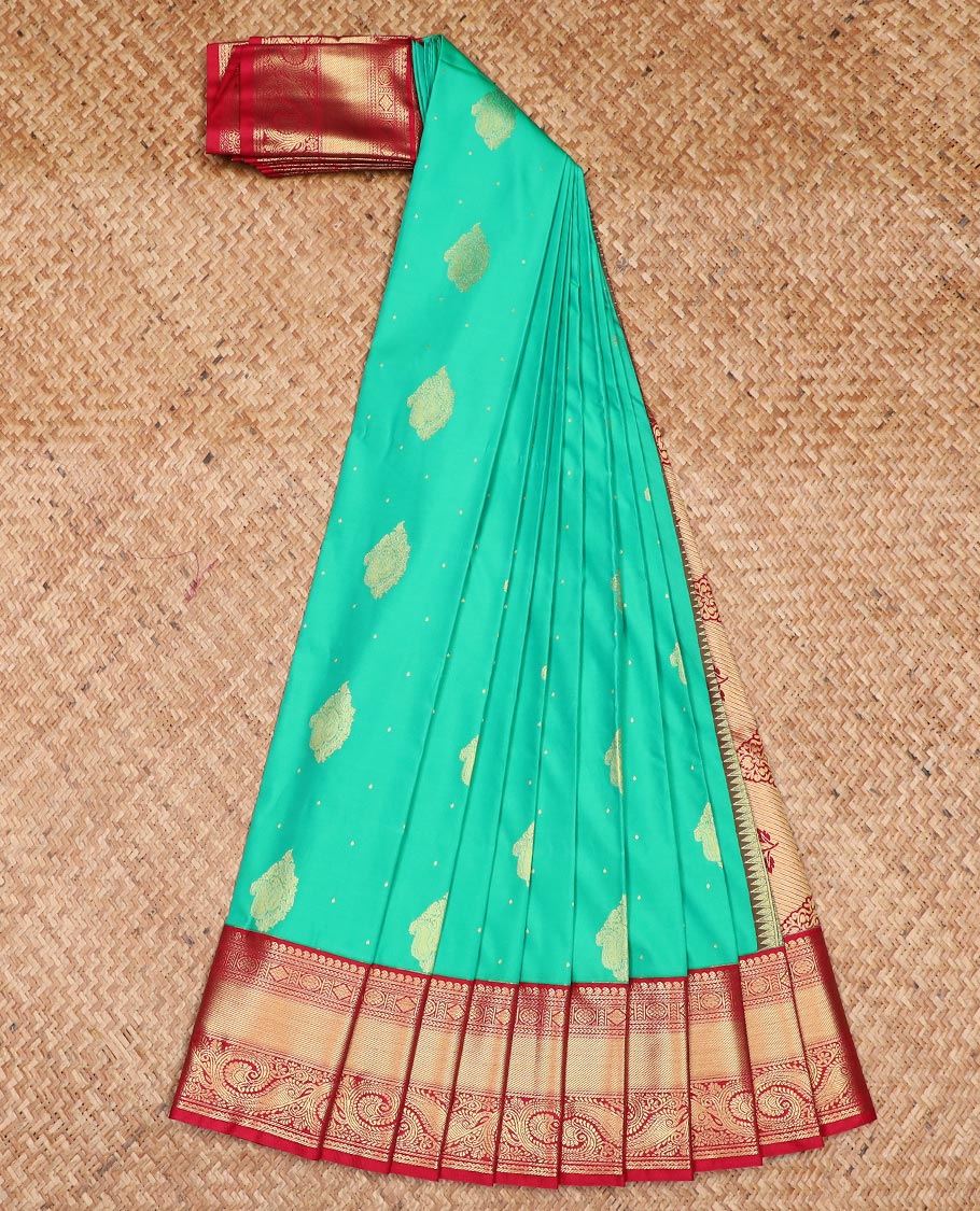 Turquoise zari design gift saree, contrast traditional zari design border, and intricately designed pallu