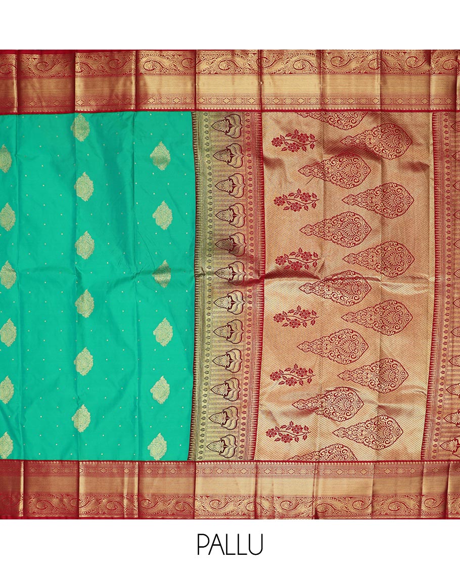 Turquoise zari design gift saree, contrast traditional zari design border, and intricately designed pallu
